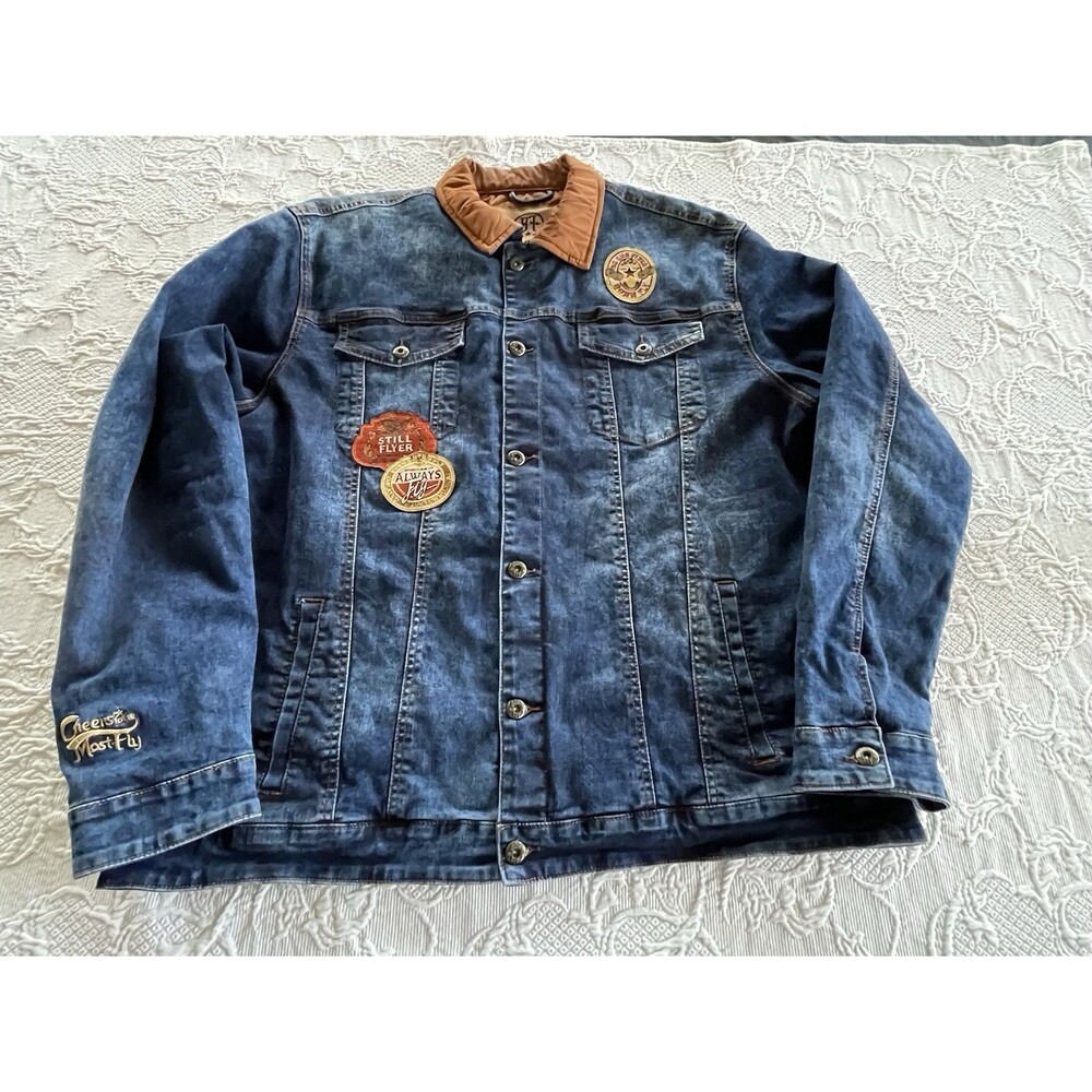 Born Fly Jean Trucker Jacket Lined Patches & Embroidered at Sleeve Mens 3XL